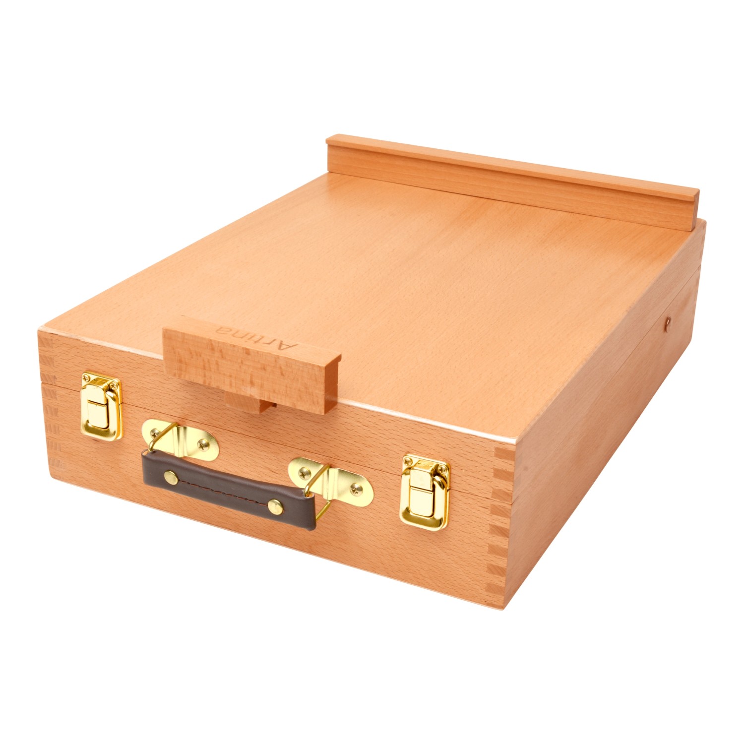 Artina Nancy Staffelei aus Buchenholz, geschlossen als Koffer mit Tragegriff und goldenen Verschlüssen.