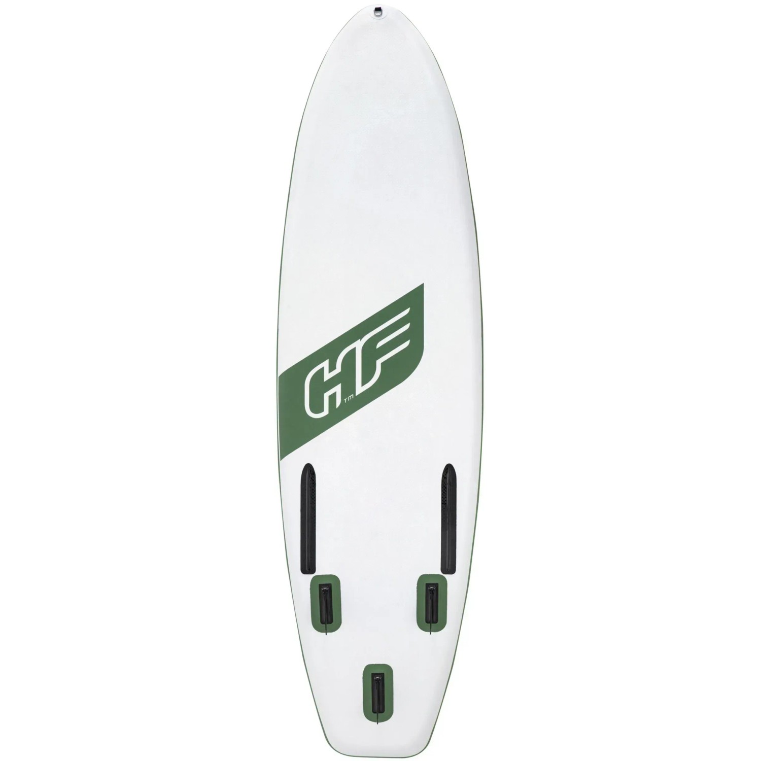 Bestway Hydro-Force SUP River Board Kahawai, weiß mit grünem Logo und Finnen, Draufsicht.