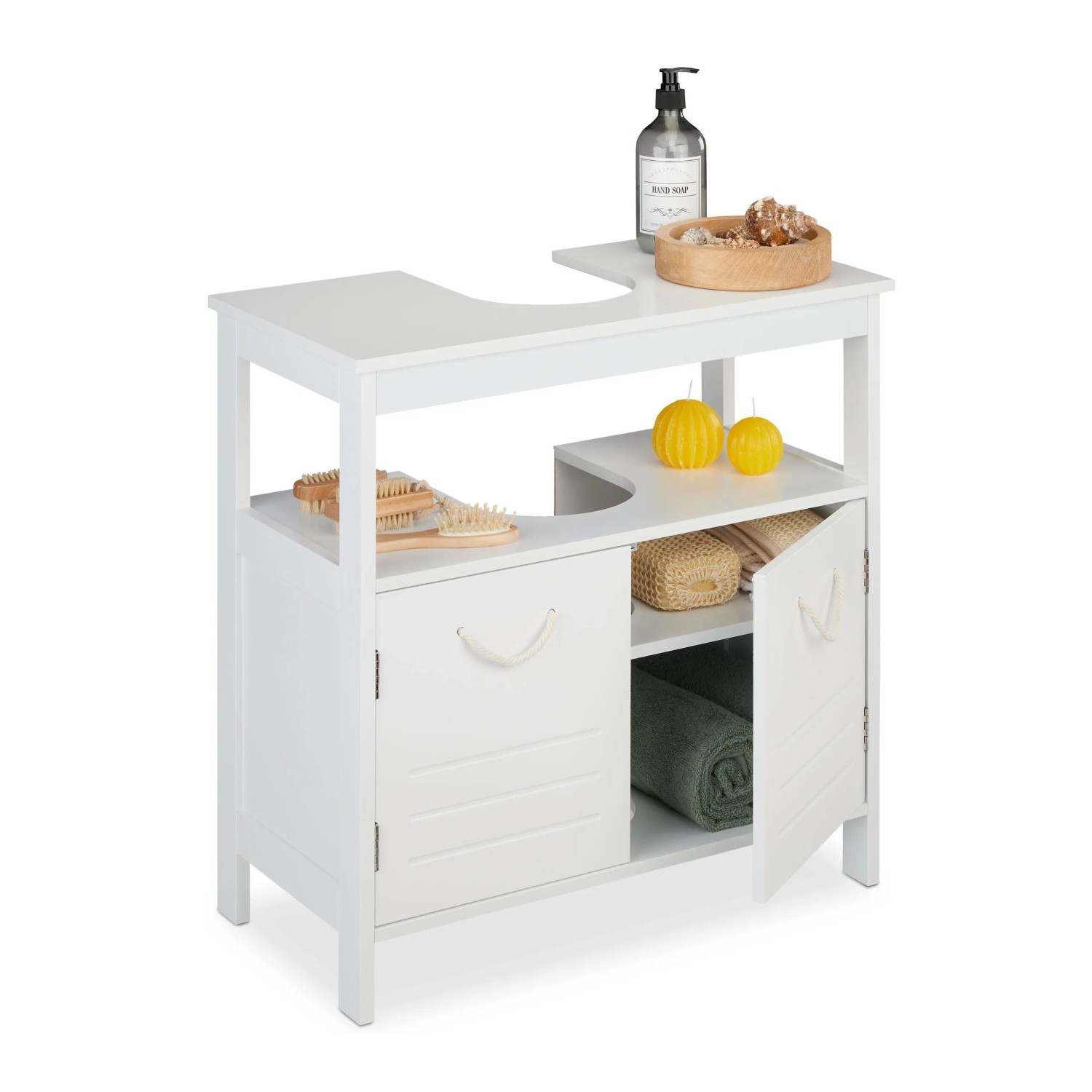 Relaxdays Waschbeckenunterschrank MDF Hanffaser Weiß mit Seilgriffen 60 cm x 60 cm x 30 cm 8,2 kg