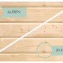 Detailansicht der unbehandelten Holzwand des Karibu Gartenhauses Skanderborg, zeigt Innen- und Außenseite.