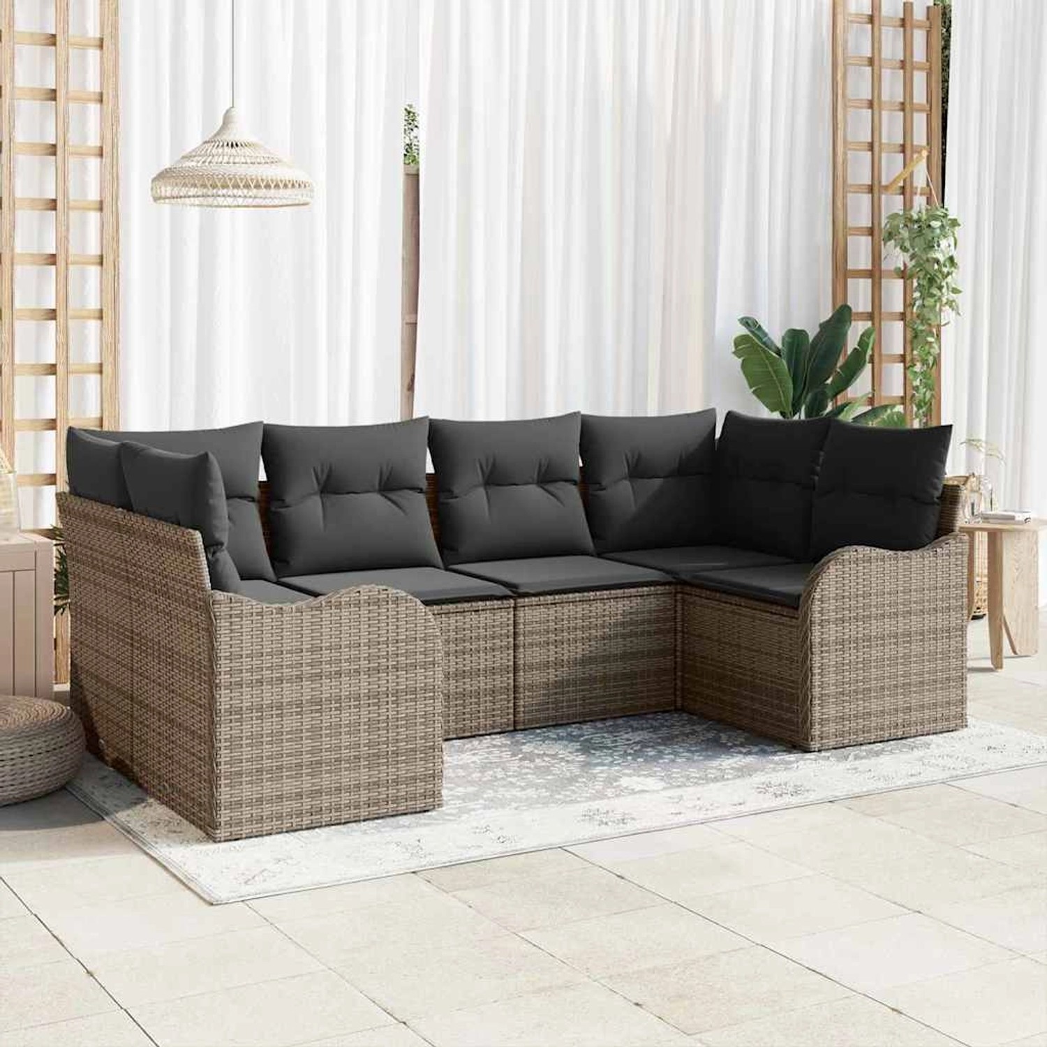 Graues 6-tlg. vidaXL Garten-Sofa-Set aus Poly Rattan mit Kissen für Terrasse und Garten.
