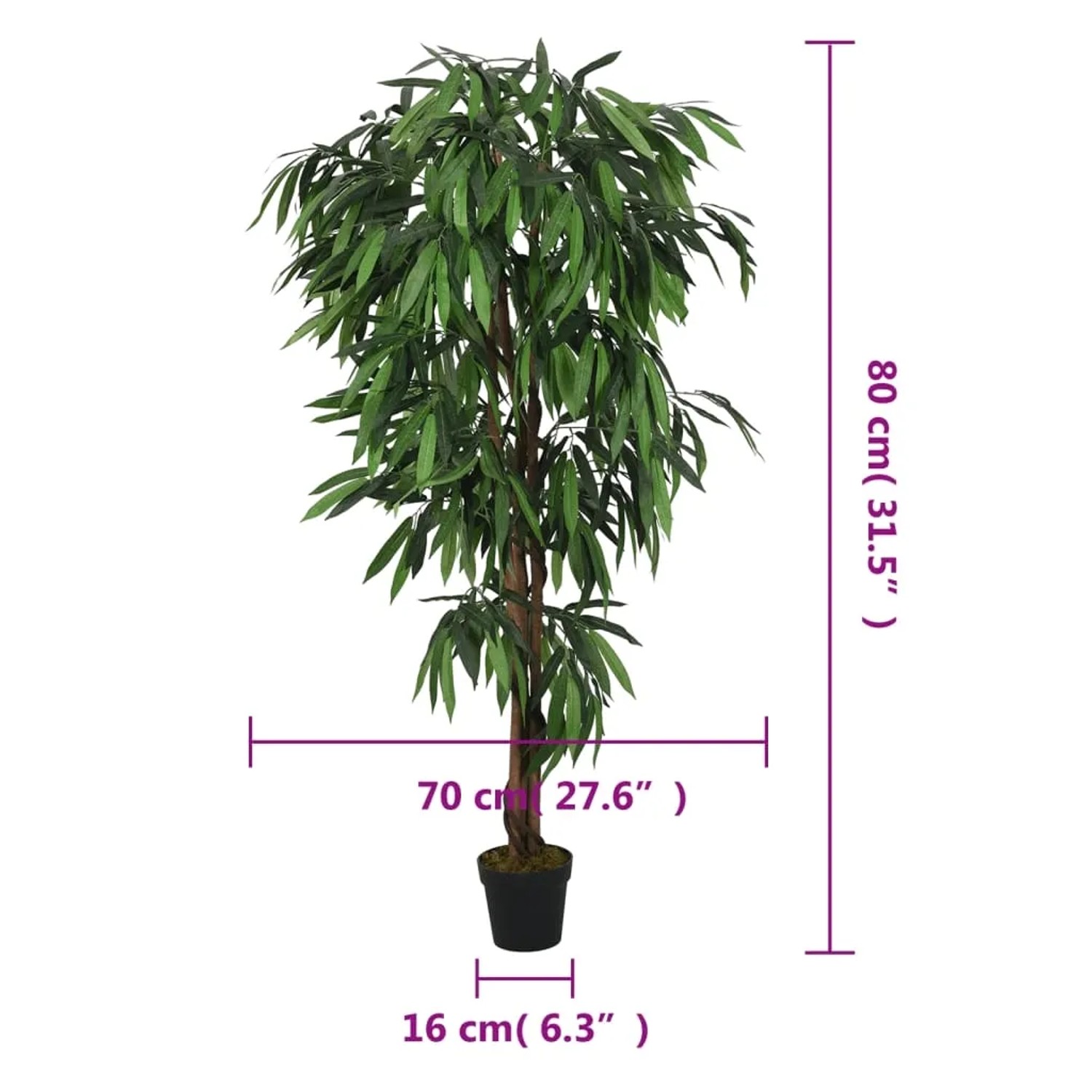 Künstlicher Mangobaum, 80 cm hoch, mit 300 grünen Blättern im Topf.