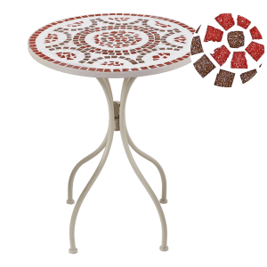Beliani Gartentisch SPELLO, rund, weiß mit Mosaikmuster in Rot und Grau.