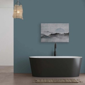 Leinwandbild „Japanische Landschaft“ (90x60 cm) mit Sonnenaufgang in Grau, passend für Schlafzimmer.