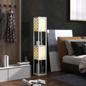 Weiße HOMCOM Stehlampe mit Regalen, MDF/Kunststoff, 155,5 cm hoch. Innenleuchte mit Gittermuster.