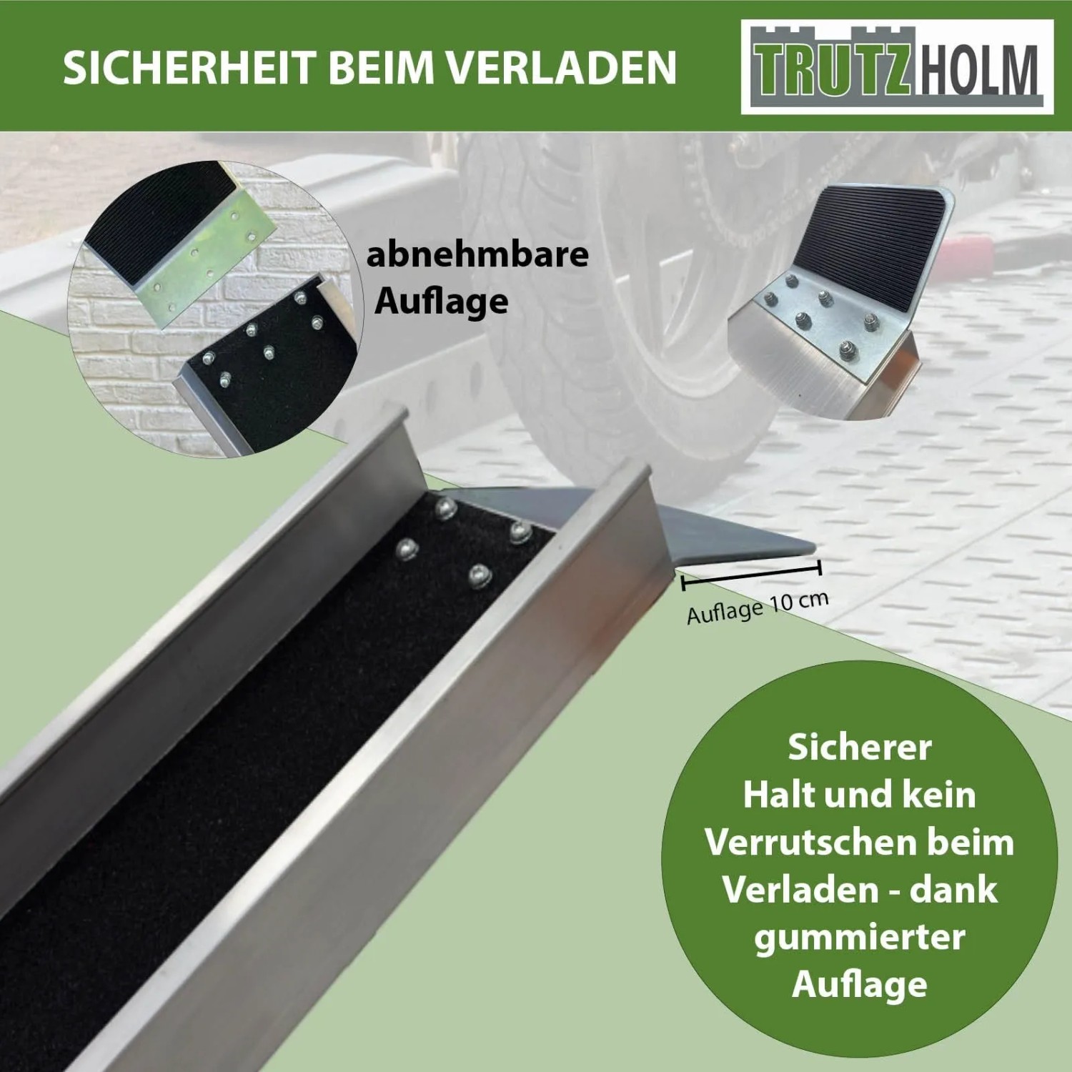 TRUTZHOLM Alu Auffahrschiene mit rutschfester schwarzer Oberfläche und abnehmbarer 10 cm Auflage für sicheres Verladen von E-Bikes.