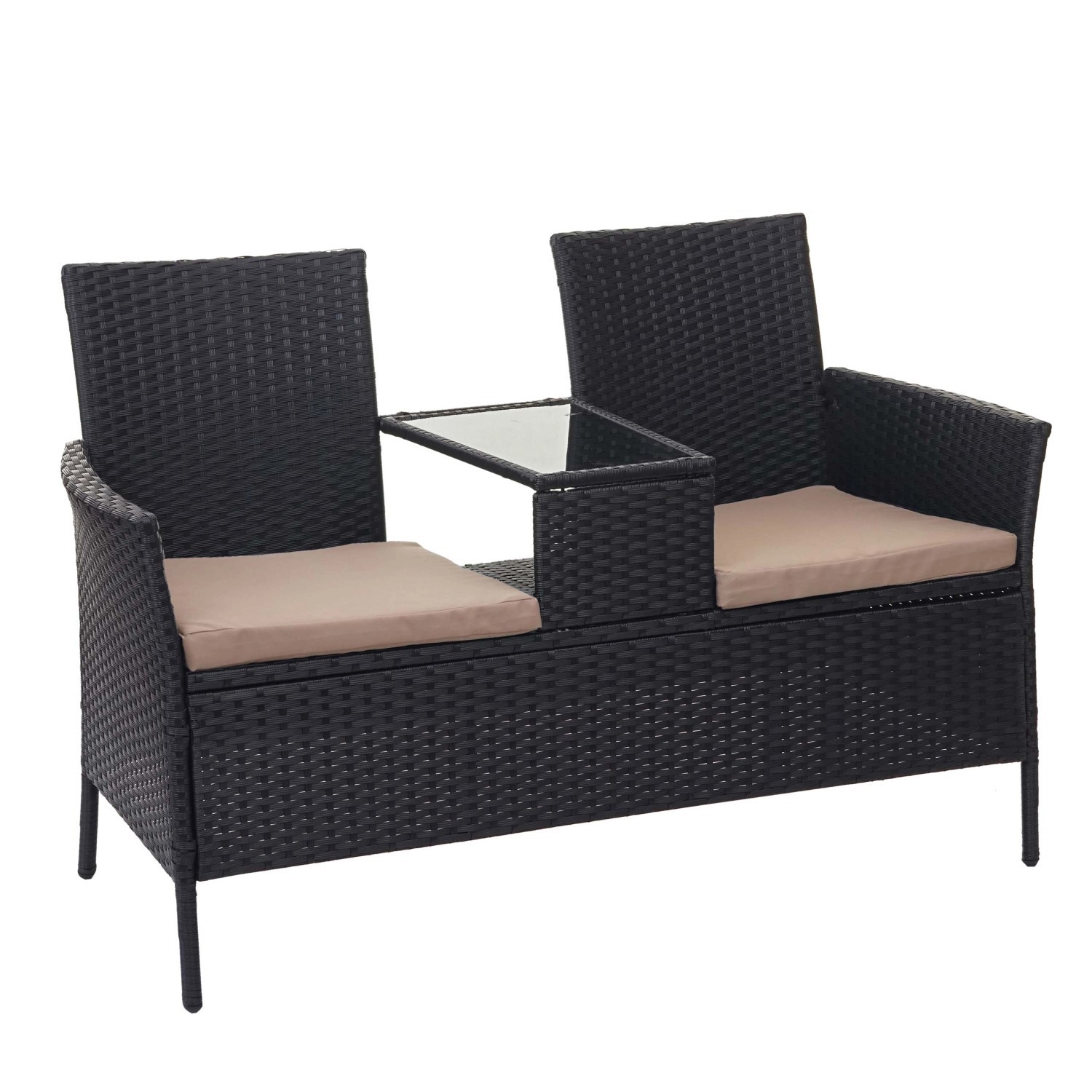 MCW Poly-Rattan Sitzbank mit Tisch E24 Schwarz Kissen Creme