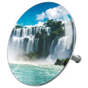 Sanilo Badewannenstöpsel mit Wasserfall-Motiv, verchromter Messingkopf, 7,2 cm Durchmesser.