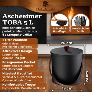 BLACK OAK Ascheeimer TOBA 5L mit Deckel, Schaufel und Handfeger für Kamin und Grill.