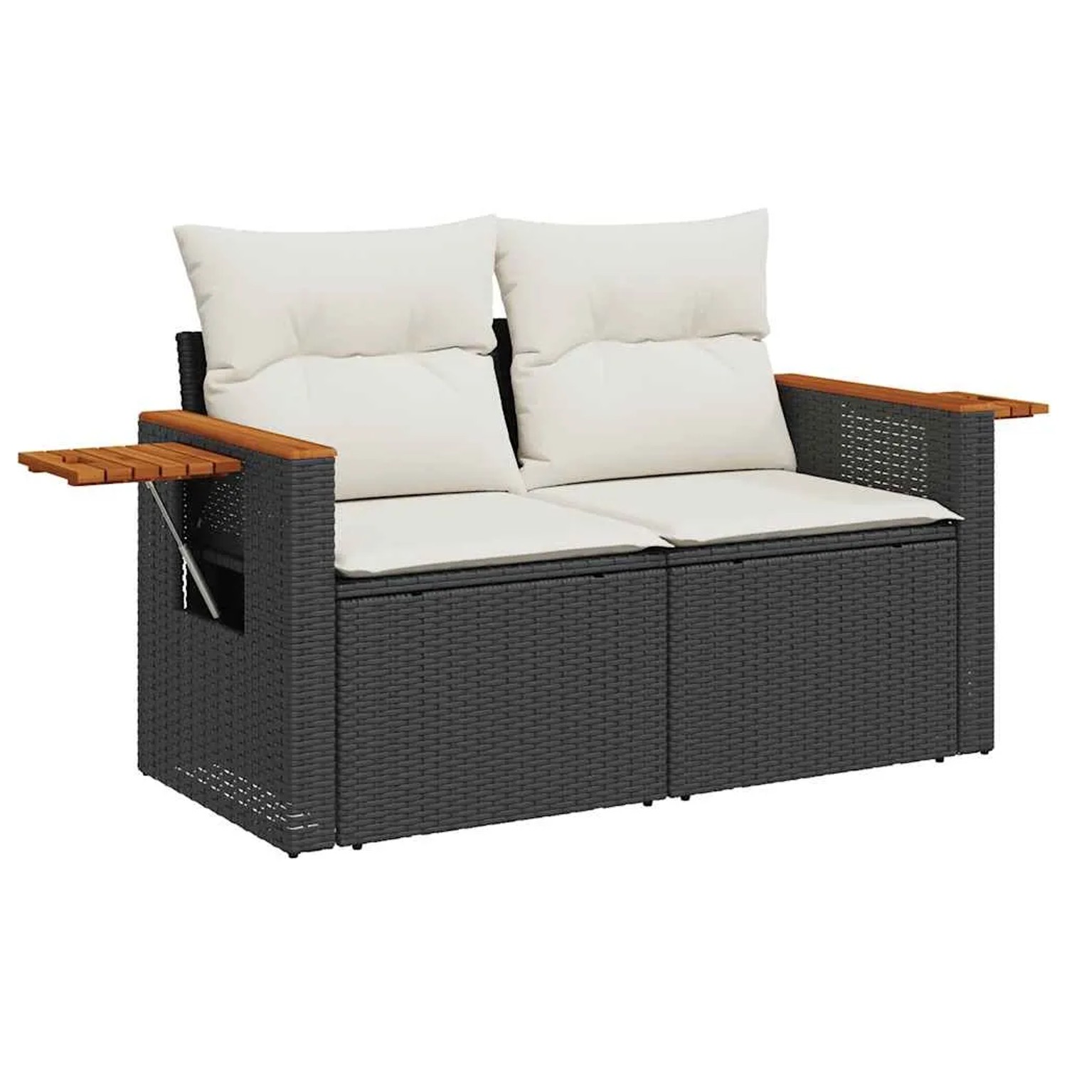 Schwarze 5-tlg. vidaXL Garten-Sofagarnitur aus Rattan mit weißen Kissen und Ablagetisch.