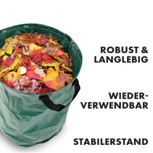 Gefüllter, grüner KARAT Gartenabfallsack (3er Set) aus Polypropylen mit Tragegriffen. Ideal für Gartenabfälle.