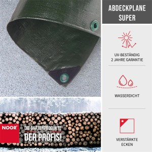 Grüne Noor Abdeckplane Super, 2x2m, verstärkte Ecken, wasserdicht und UV-beständig.