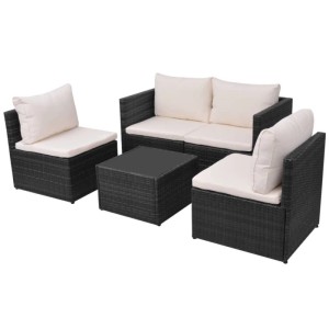 Schwarzes 5-teiliges Gartenlounge-Set aus Polyrattan mit cremefarbenen Auflagen.