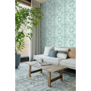 ESTAhome Vliestapete mit orientalischem Kelim Patchwork Muster in Pastell Mintgrün.