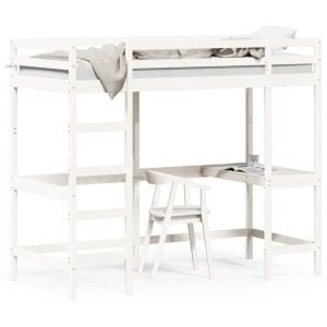 vidaXL Hochbett mit Schreibtisch Weiß 90x200 cm Massivholz Kiefer 842851