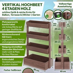 TTL GARDEN 4 Etagen Hochbeet Vertikalbeet 140×85×45 cm – Platzsparendes Balkon Hochbeet Aus Holz Braun