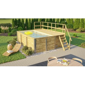 Weka Holzpool mit Sonnendeck und Technikraum, SandMix Optik, im Garten.