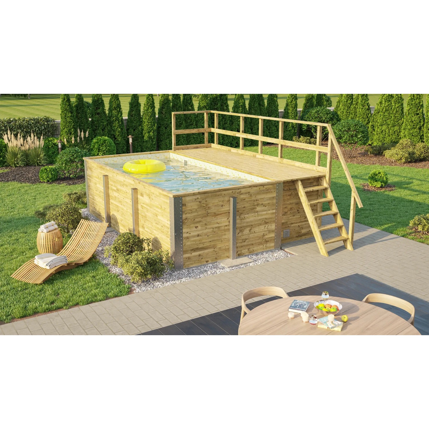 Weka Holzpool mit Sonnendeck und Technikraum, SandMix Optik, im Garten.