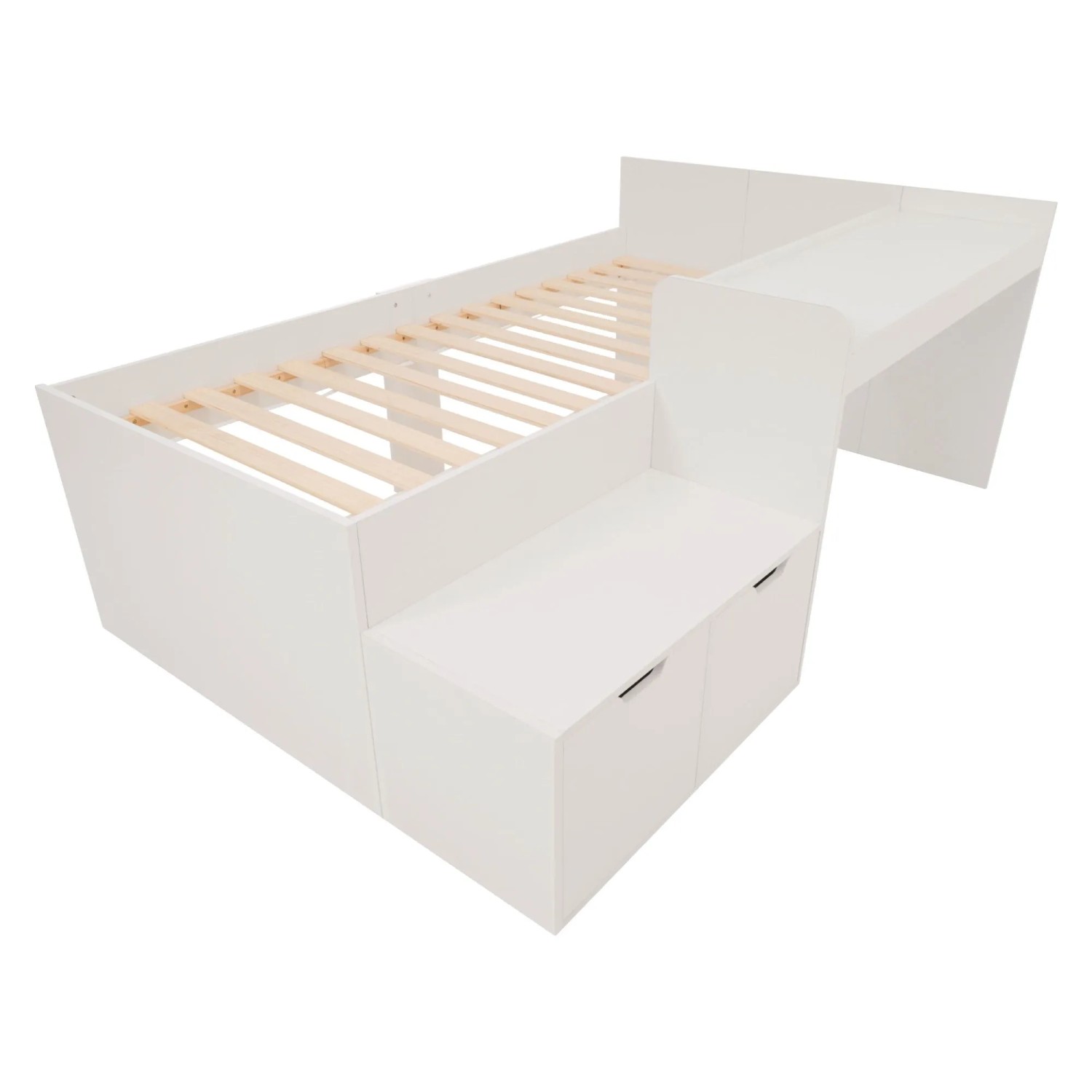KOMHTOM Kinderbett 90x200Cm Massiveholz Einzelbett Mit Schreibtisch Und Schubladen Stauraumbett Mit Lattenrost Weiß Ohne Matratze