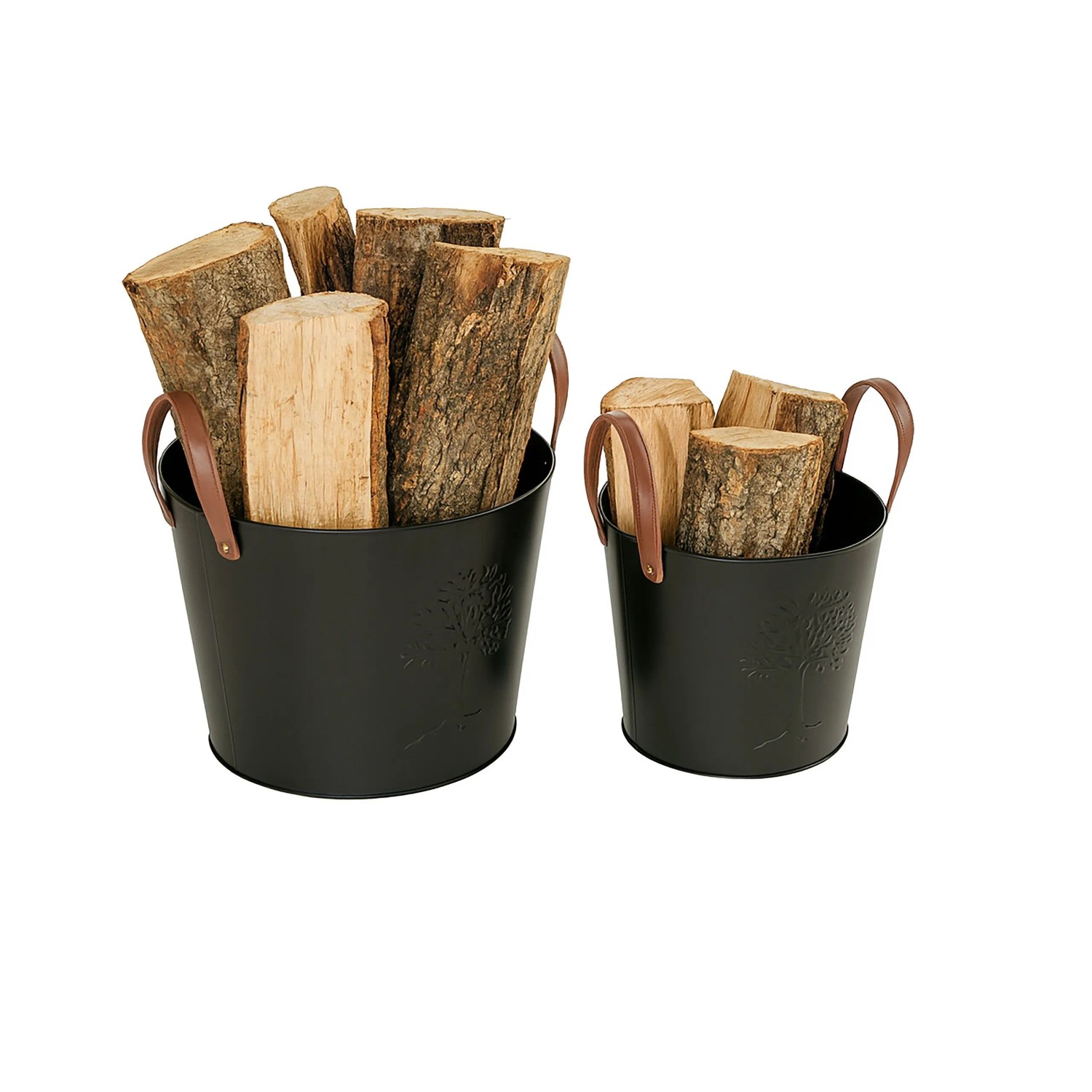 Relaxdays Kaminholzkörbe 2er Set Eisen Büffelleder Schwarz Braun mit Lederhenkeln 31 cm x 35 cm 1,4 kg 35 cm x 45 cm 2,4 kg