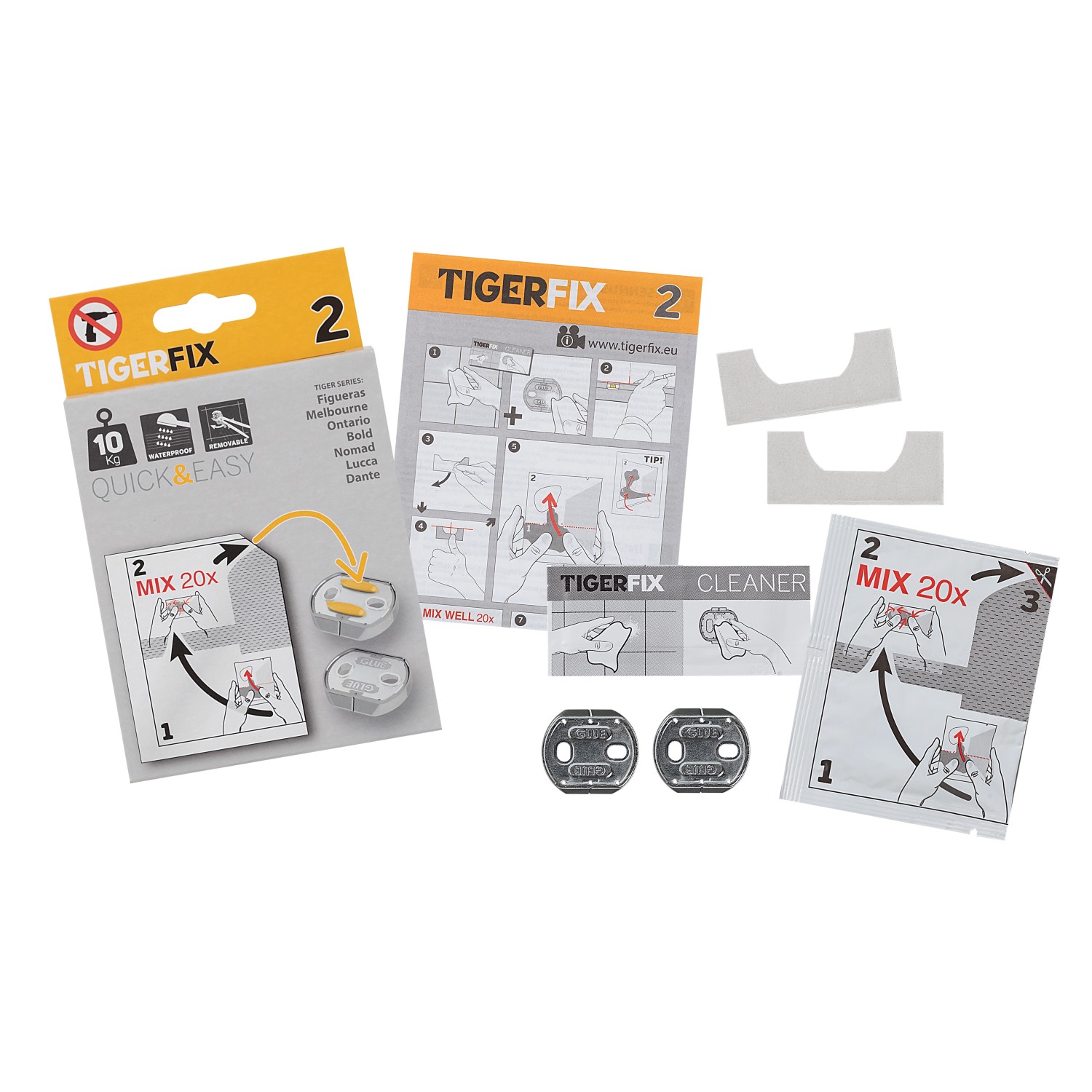 Tiger Klebesystem Tigerfix Nr. 2 für Bad-Accessoires: Montageplatten, Reiniger und Anleitung.