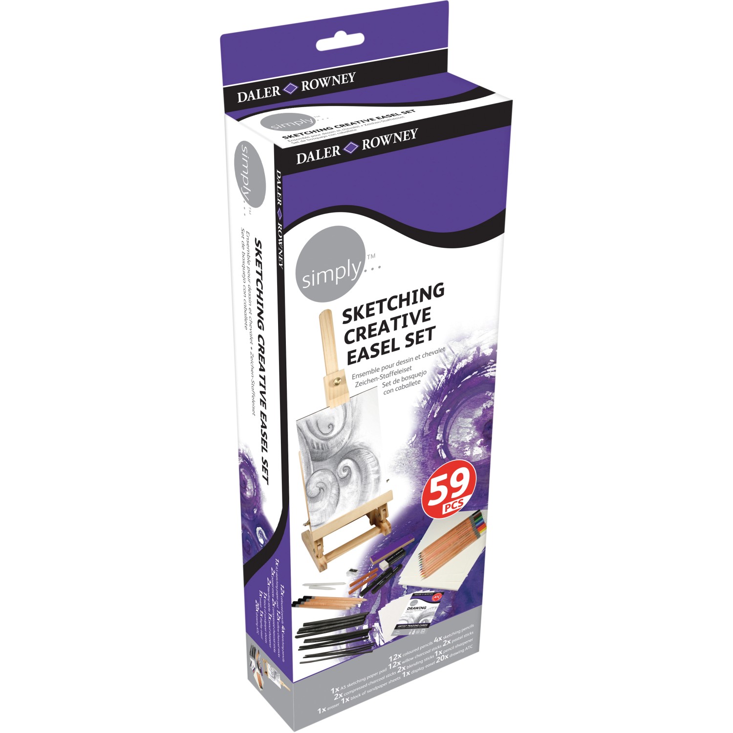 Daler-Rowney Simply Kreativ-Set: Mini-Staffelei, Stifte, Zeichenkohle, Block und Zubehör zum Zeichnen.
