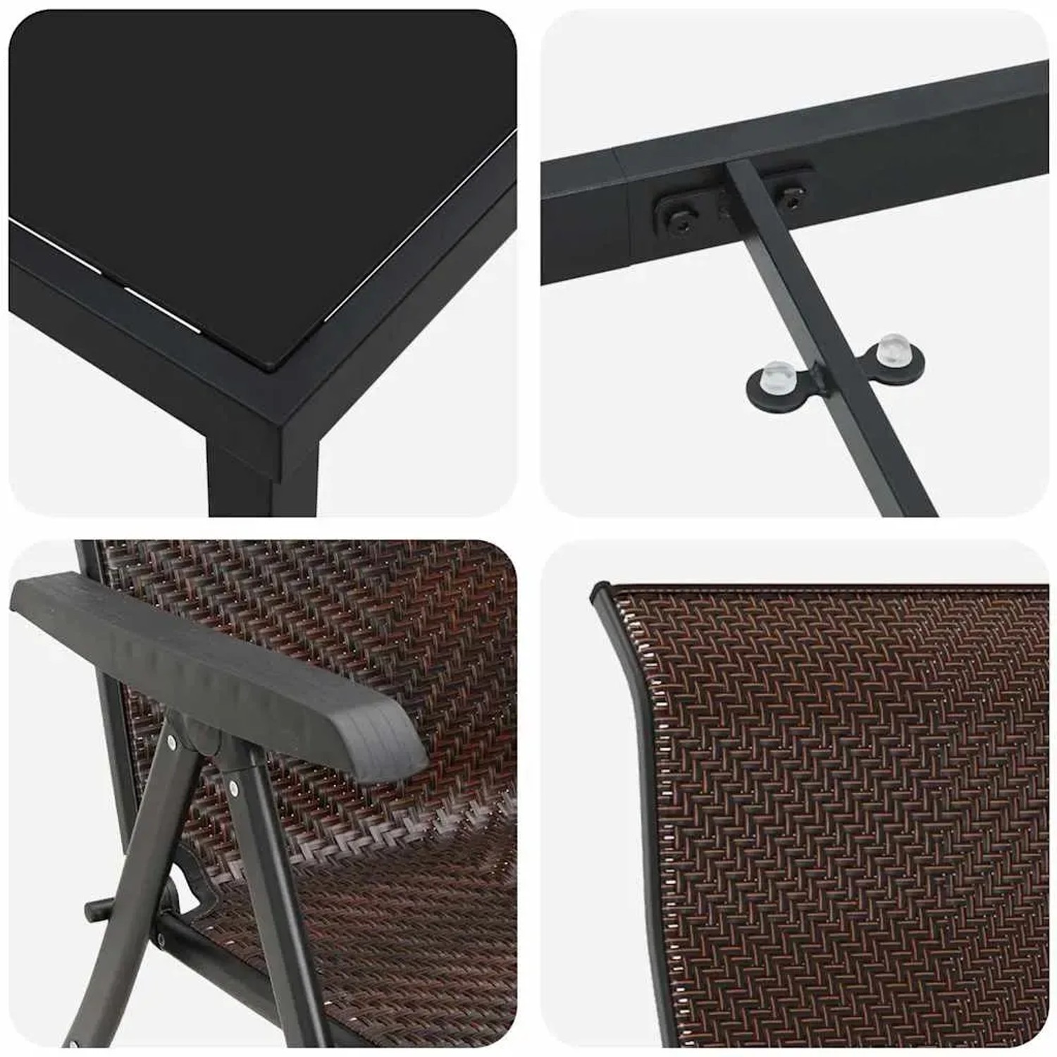 vidaXL Garten Essgruppe, 3-tlg, braunes Poly Rattan, höhenverstellbarer Tisch mit Glasplatte, Detailansichten.