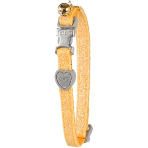 Gelbes Trixie Katzenhalsband aus Nylon mit Glöckchen und Herzanhänger.