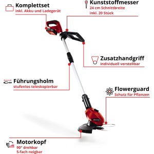 Einhell Akku-Rasentrimmer GE-CT 18 Li Kit mit Akku und Ladegerät. Rot, mit Teleskopstiel und Pflanzenschutzbügel.