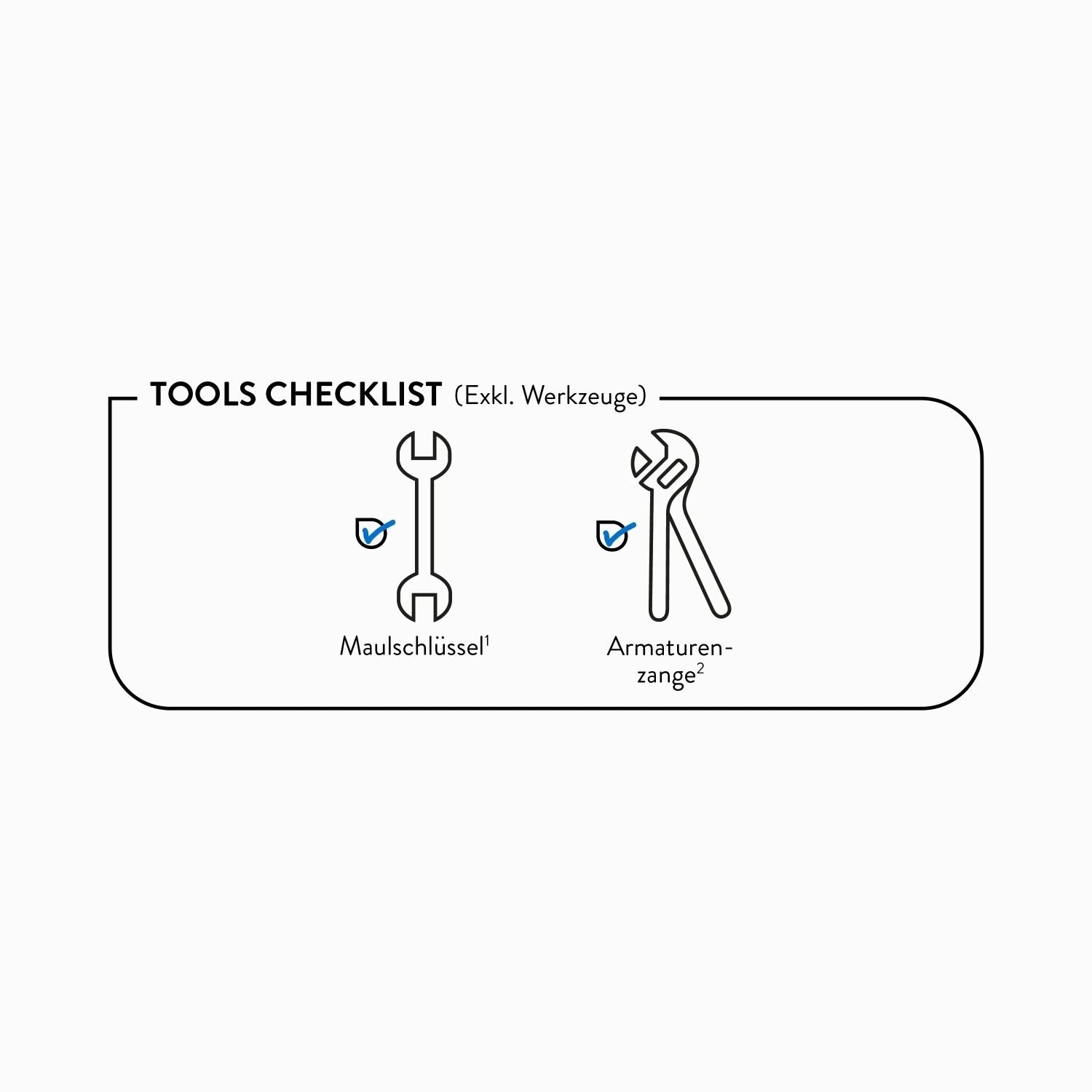Checkliste: Maulschlüssel und Armaturenzange (nicht enthalten) für die Installation der Wannenarmatur.