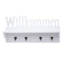 Weiße Wandgarderobe 'Willkommen' mit 4 Haken und Ablagefläche.