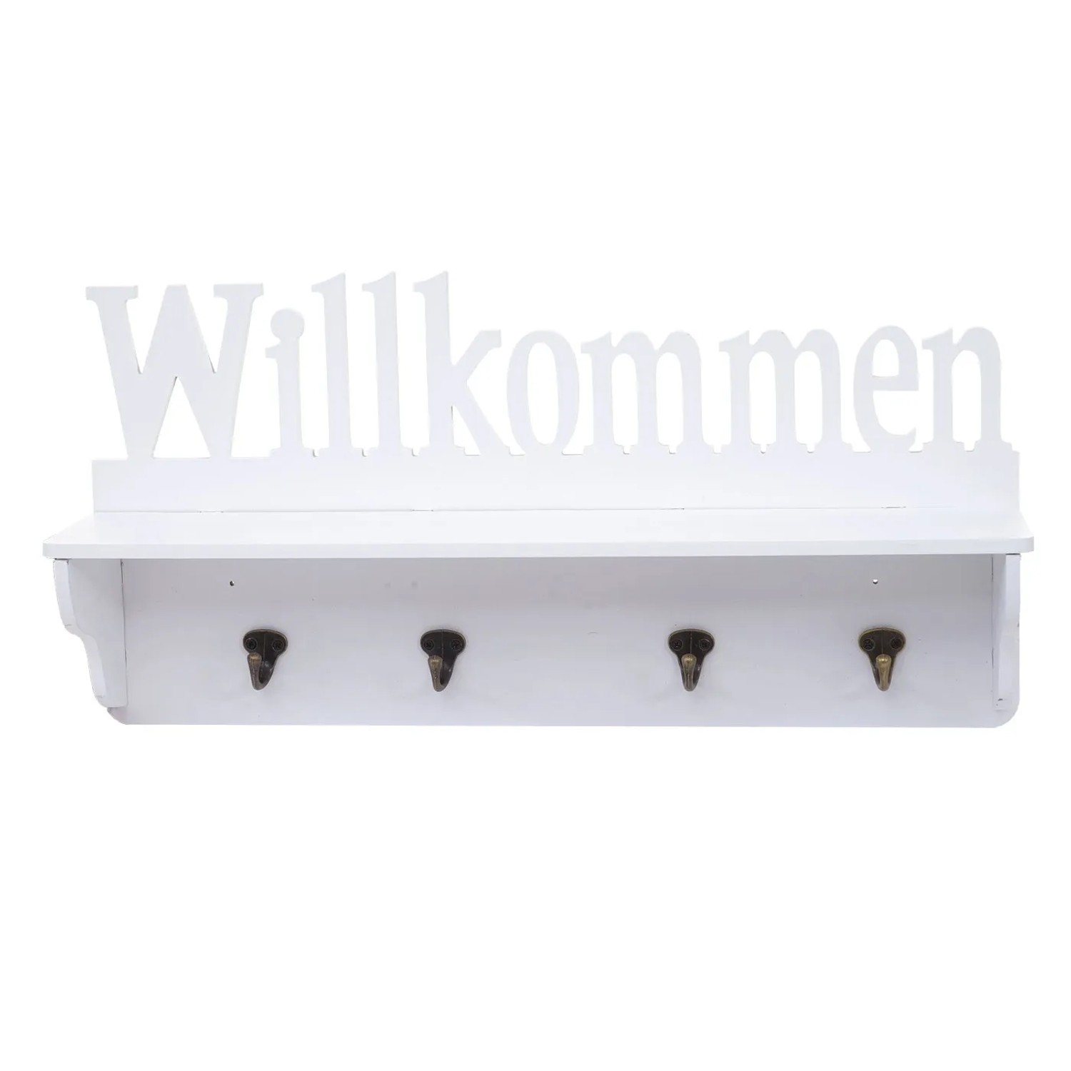 Weiße Wandgarderobe 'Willkommen' mit 4 Haken und Ablagefläche.