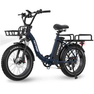 Dunkelblaues HITWAY E-Bike BK6S PLUS mit 20 Zoll Fat-Reifen, Tiefeinsteiger-Rahmen, Frontkorb und Gepäckträger.
