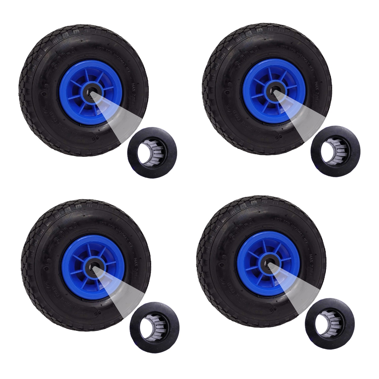 TRUTZHOLM 4x Sackkarrenrad Luftrad 260x85mm 3.00-4 Achlänge 75 mm 4PR Blau