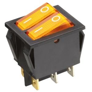 Gelber Blanko Doppel-Wippschalter, beleuchtet, 1-polig für Schalterprogramme.