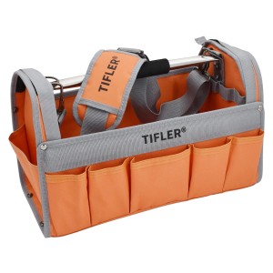 Tifler Werkzeugtrage 40 cm mit Schultergurt, viele Taschen für Werkzeug und Zubehör.