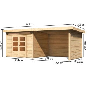 Karibu Holz-Gartenhaus Kumla 6, unbehandelt, mit Pultdach und Maßangaben.