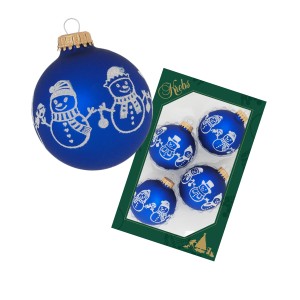 4er-Set blaue Weihnachtskugeln von Krebs Glas Lauscha mit Schneemann-Motiv, 7 cm.