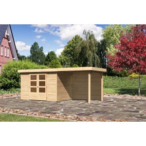 Karibu Gartenhaus Boras aus unbehandeltem Holz mit Flachdach und Anbau.