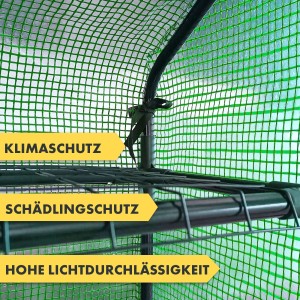 Detailaufnahme: KARAT Gewächshaus Bloom mit 4 Ebenen, Gitteroptik, Klimaschutz, Schädlingsschutz, hohe Lichtdurchlässigkeit.