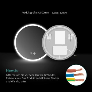 Runder Emke Badspiegel 50cm mit LED-Beleuchtung und Touch-Schalter, von vorne und hinten gezeigt.
