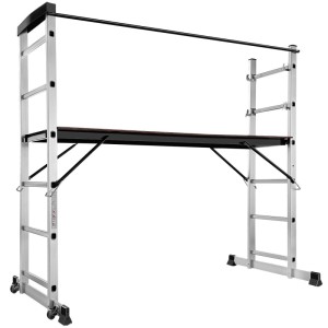 Tectake Aluminium Multigerüst 4 in 1 mit Rollen, 160x70x165cm, silber. Leitergerüst mit Arbeitsplattform.