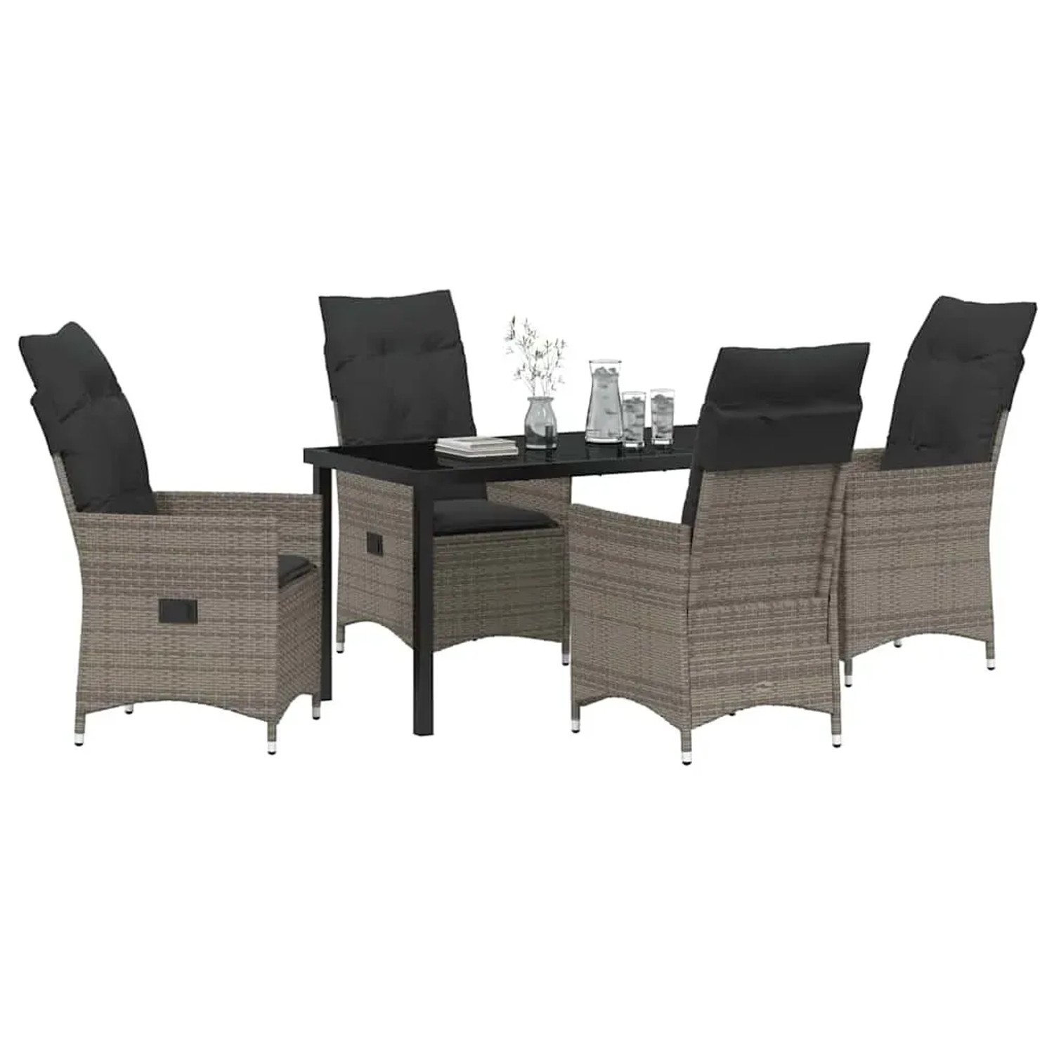 Graue 5-teilige vidaXL Garten Essgruppe aus Polyrattan mit Tisch und Stühlen mit Kissen.