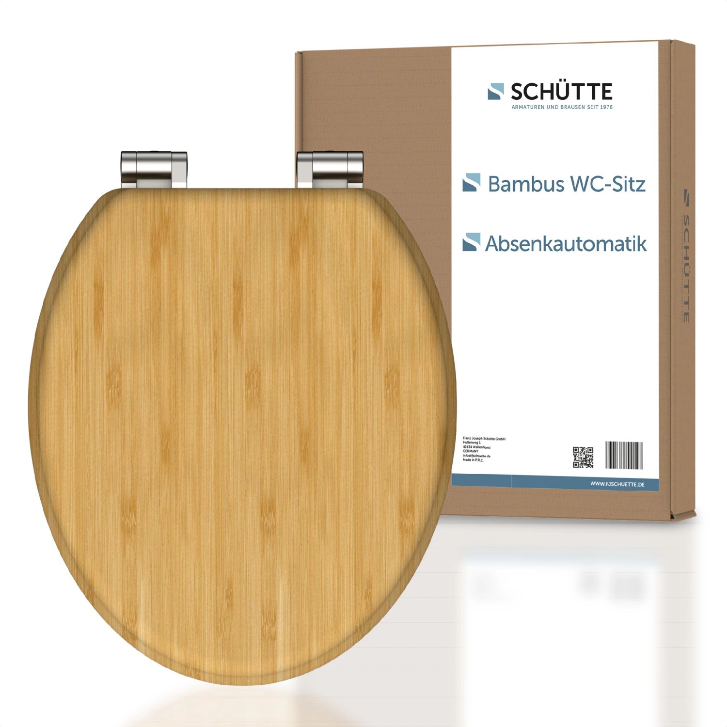Schütte WC-Sitz aus Bambus mit Absenkautomatik, O-Form, inklusive Verpackung.