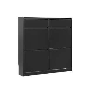 Schmaler schwarzer Schuhschrank mit 2 Schubladen und 4 Klappen für Flur und Eingangsbereich.