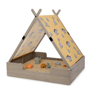 Warmgrauer MUDDY BUDDY Sandkasten mit Dino-Zelt und Spielzeug im Sand.