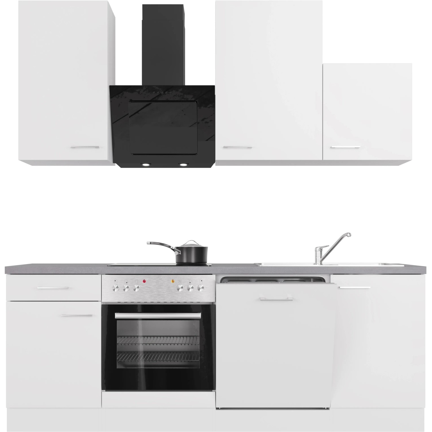 Flex-Well Küchenzeile Joelina, 220 cm, Weiß matt/Beton Grau, mit E-Geräten und Spüle.