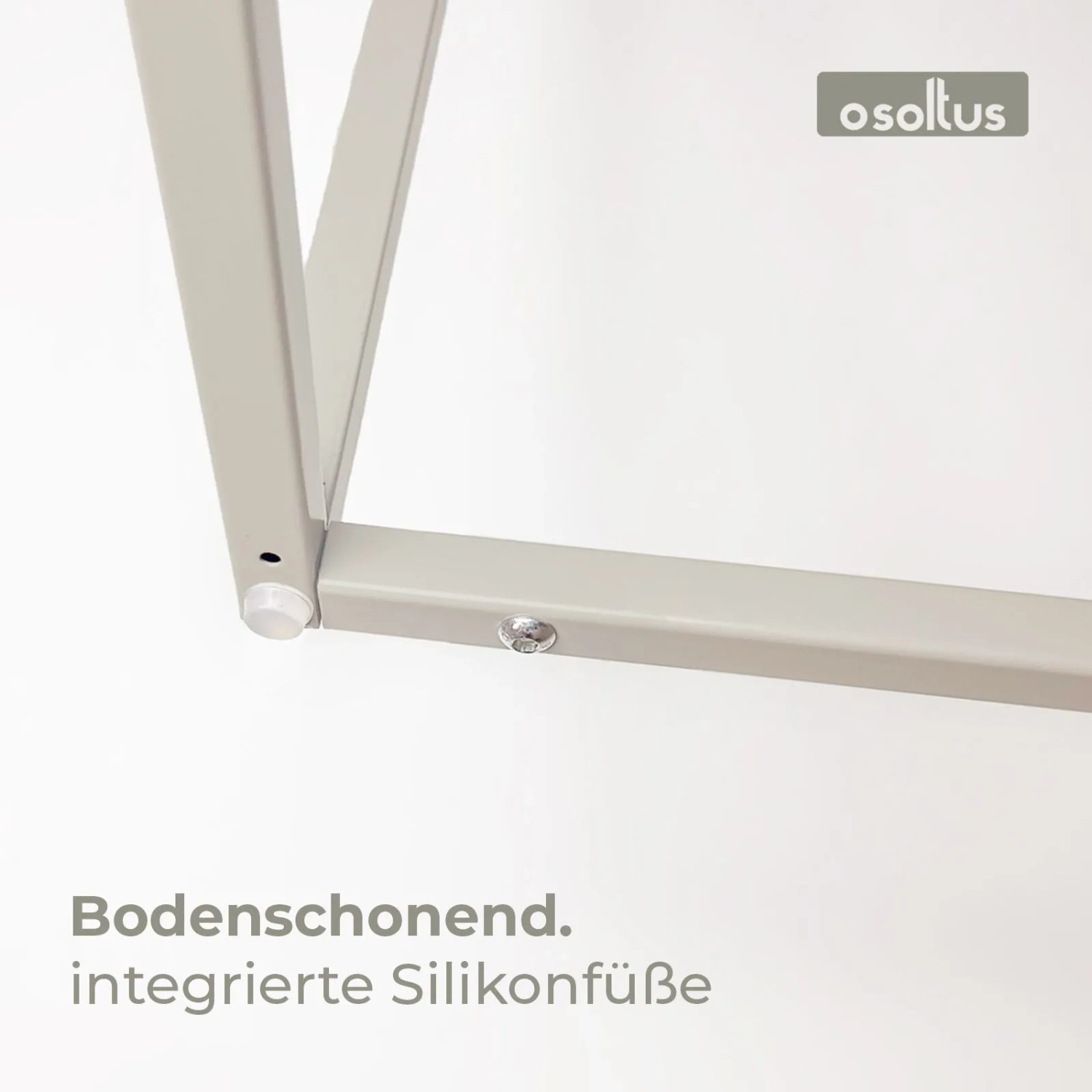 Nahaufnahme: Bodenschonende Silikonfüße am warmgrauen Stahlrahmen des osoltus Pflanzkastens/Raumteilers.