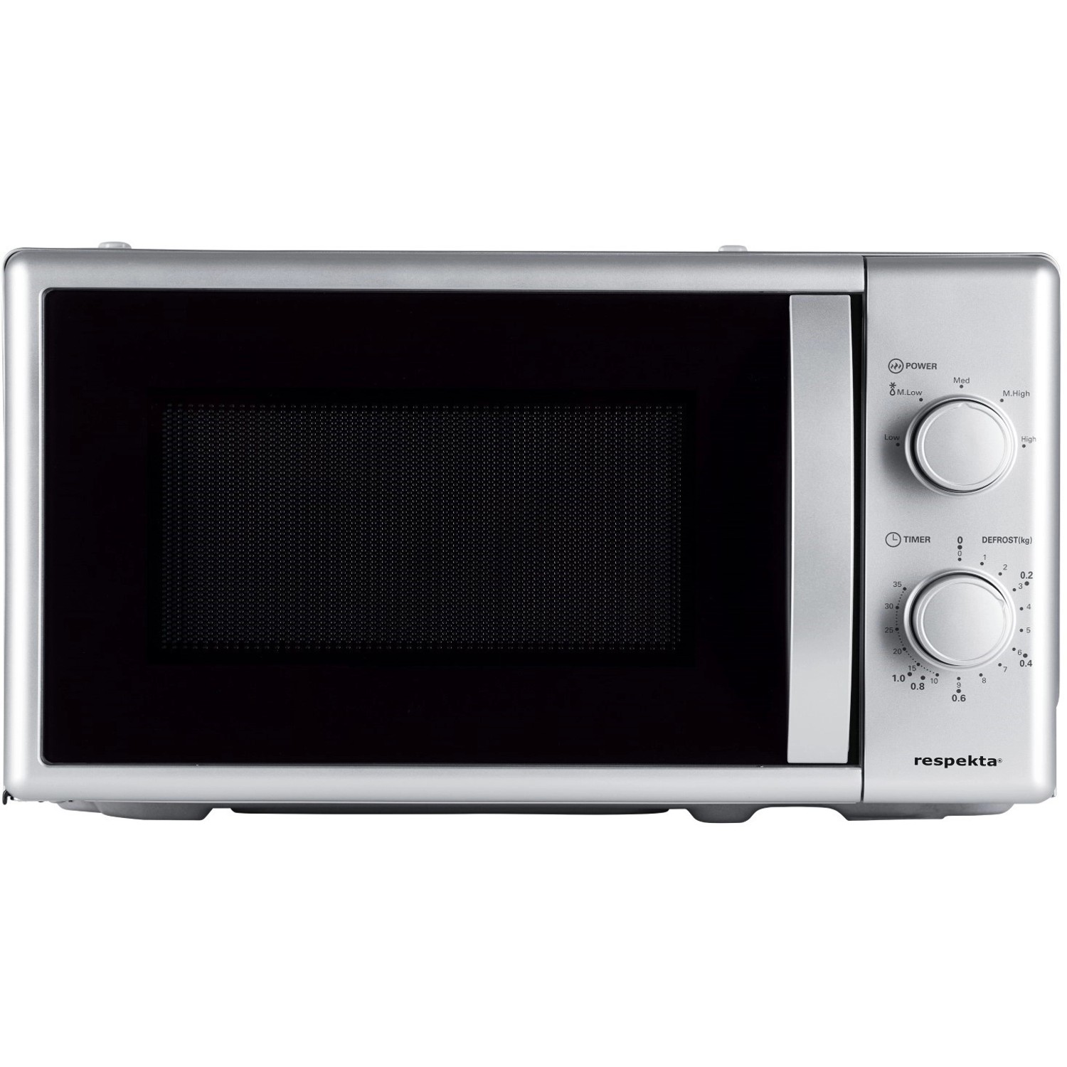 Respekta Mikrowelle MW700, silberfarben, mit Drehwählern für Leistung und Timer.