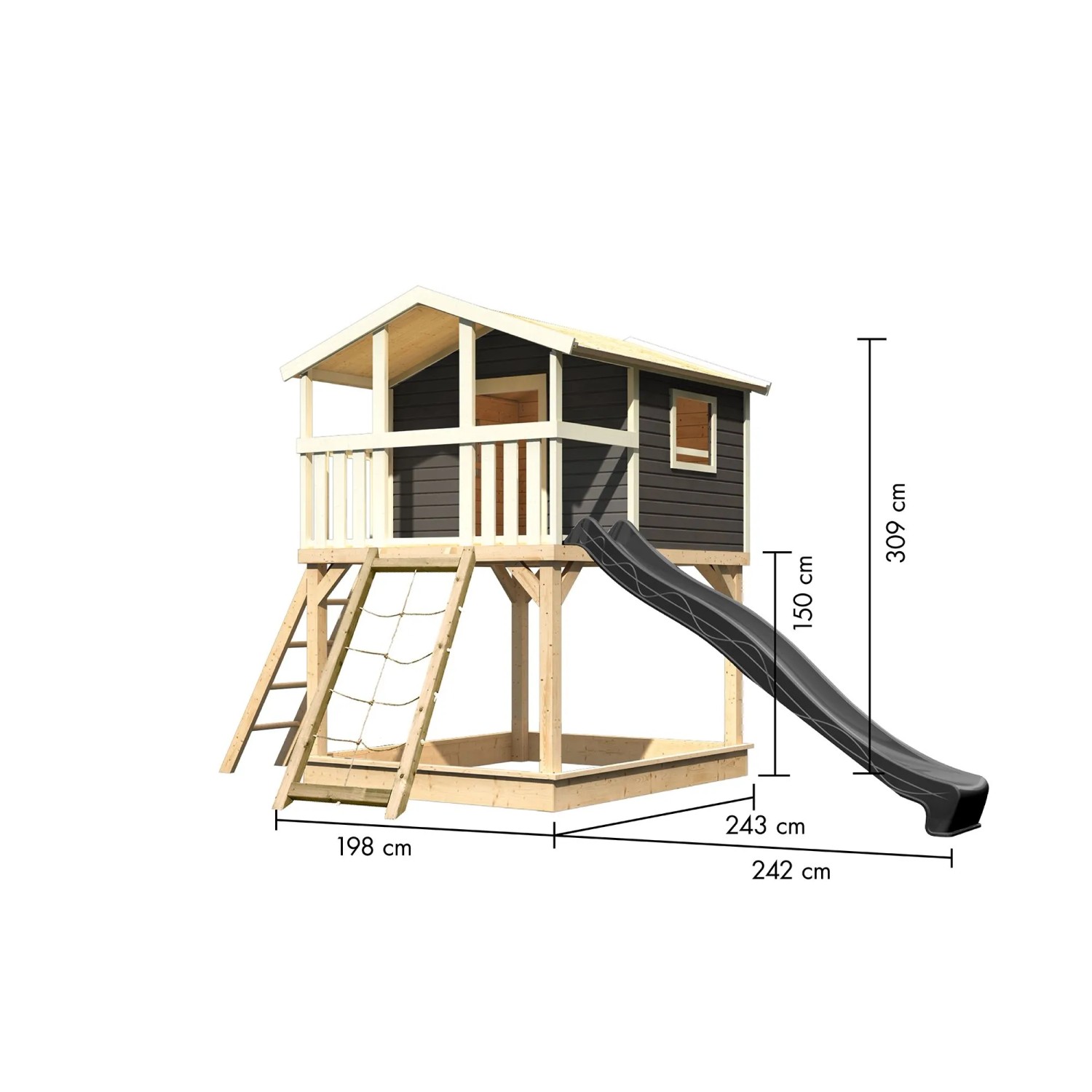 Karibu Stelzenhaus Benjamin mit Rutsche und Netzrampe in Natur-Grau. Kinder-Gartengerät aus Holz.